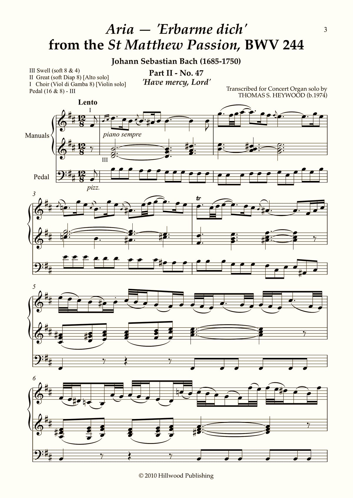 Bach/Heywood - Aria: 'Erbarme dich' from the St Matthew Passion, BWV 244 (Score) | Thomas Heywood | Concert Organ International