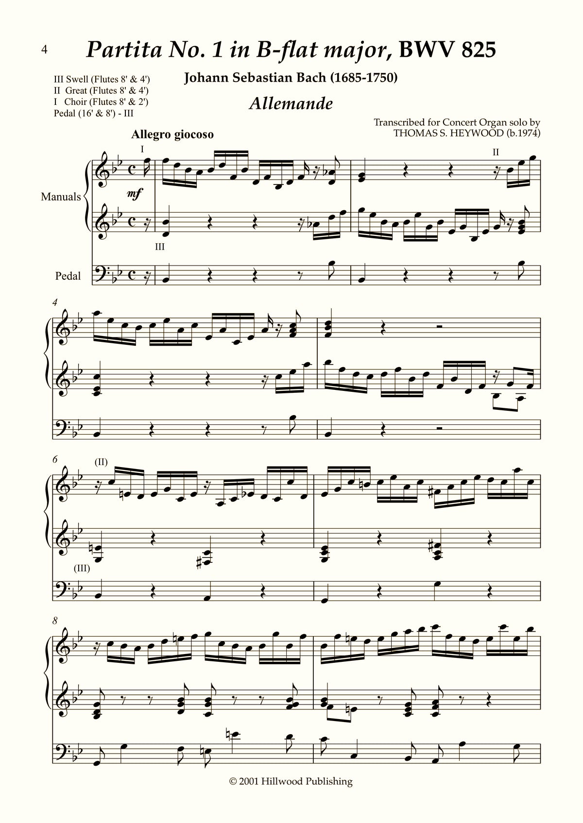 Bach/Heywood - Allemande from Partita No. 1 in B-flat major, BWV 825 (Score) | Thomas Heywood | Concert Organ International