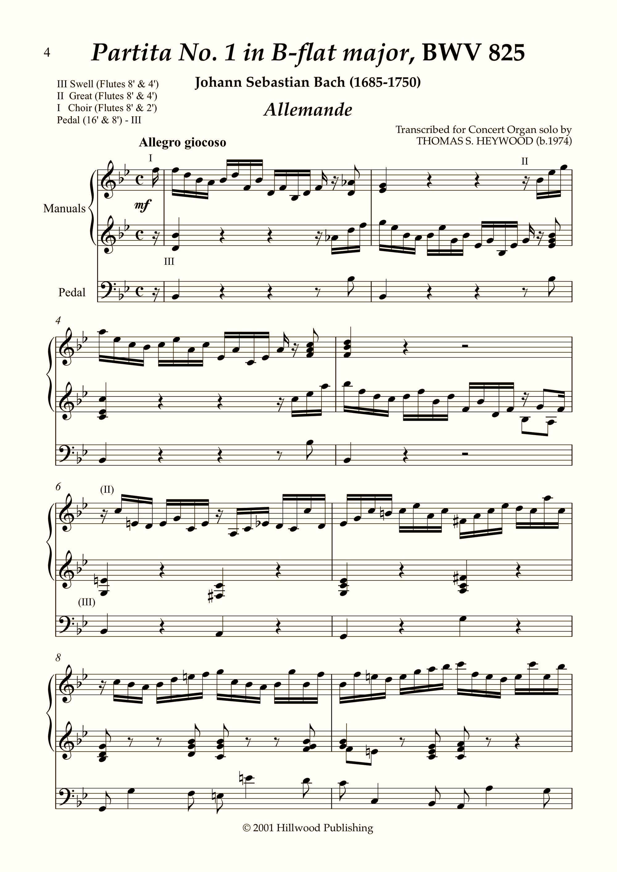 Bach/Heywood - Allemande from Partita No. 1 in B-flat major, BWV 825 (Score) | Thomas Heywood | Concert Organ International