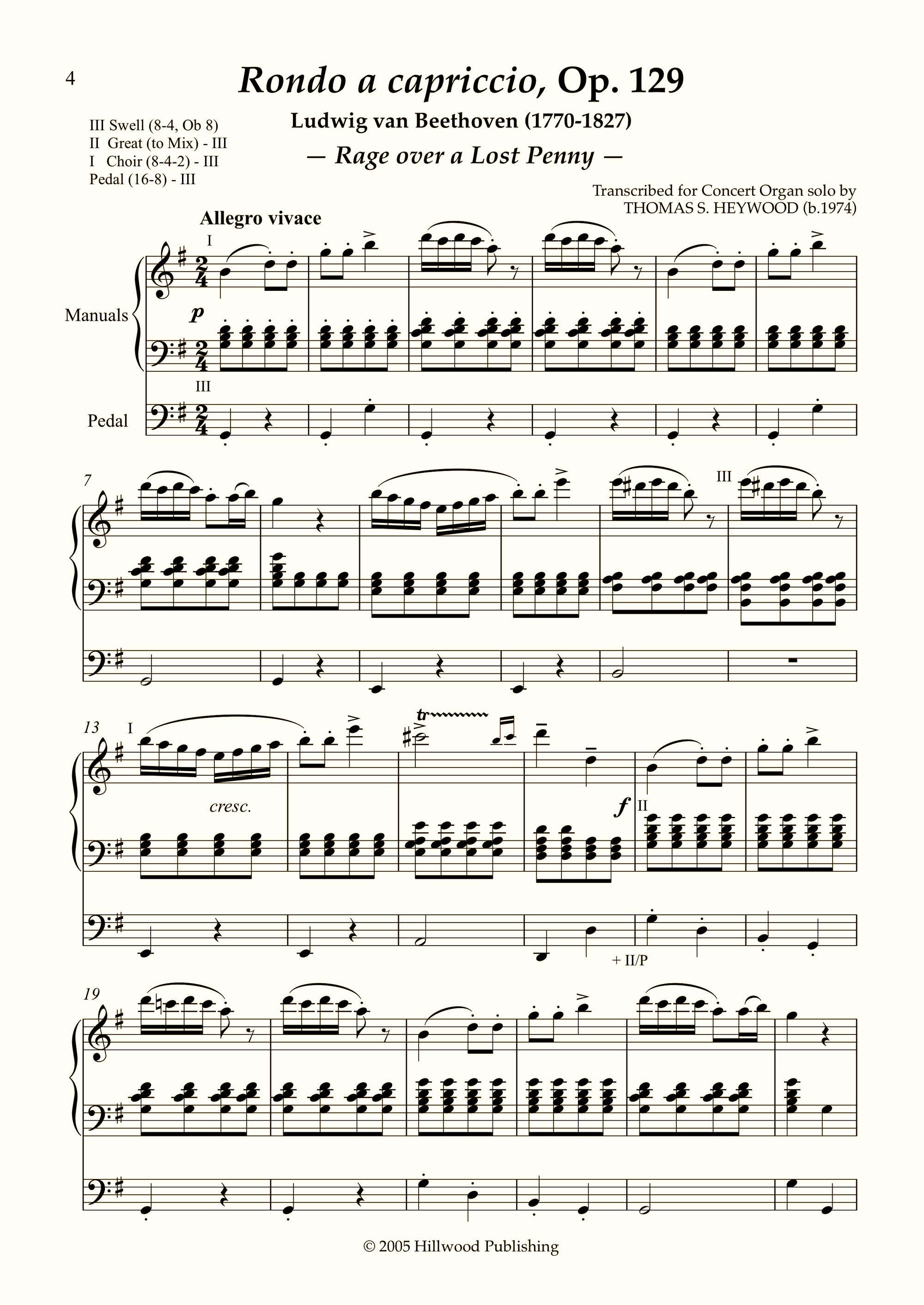 Beethoven/Heywood - Rondo a capriccio: 'Rage over a Lost Penny', Op. 129 (Score) | Thomas Heywood | Concert Organ International