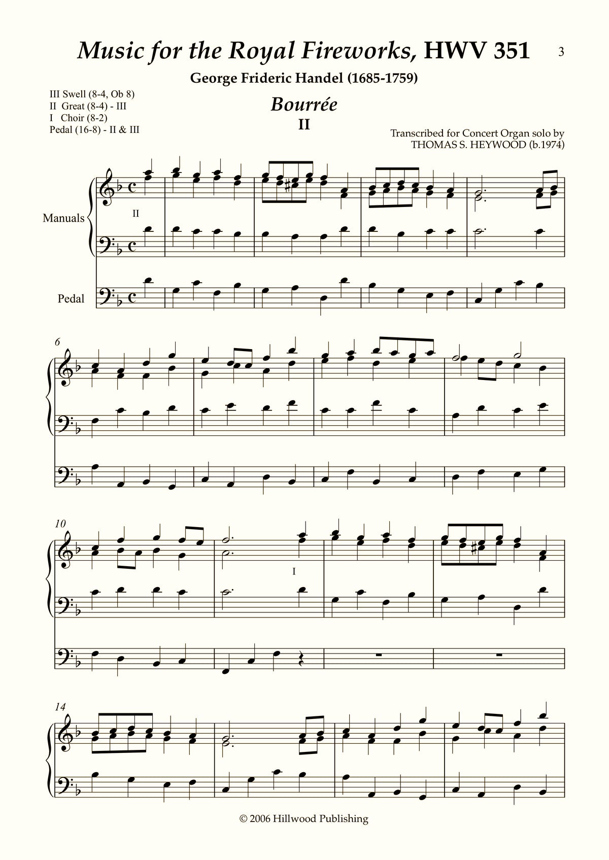 Handel/Heywood - Bourr�e from Music for the Royal Fireworks, HWV 351 (Score) | Thomas Heywood | Concert Organ International