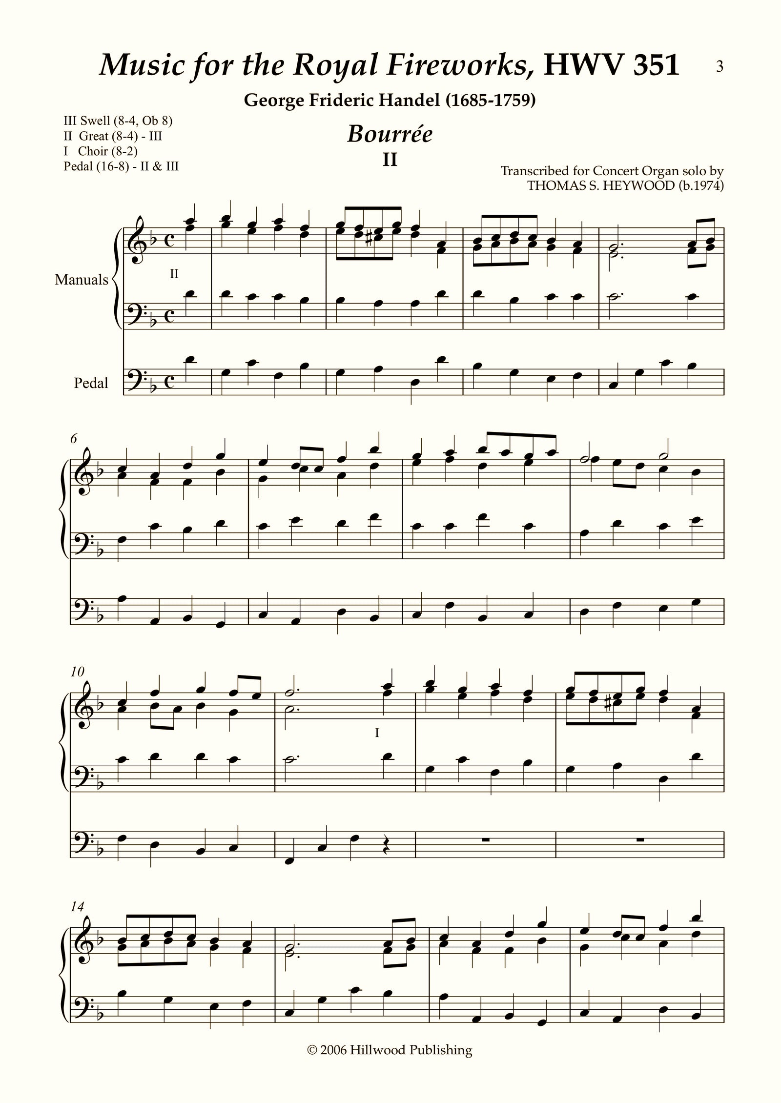 Handel/Heywood - Bourr�e from Music for the Royal Fireworks, HWV 351 (Score) | Thomas Heywood | Concert Organ International
