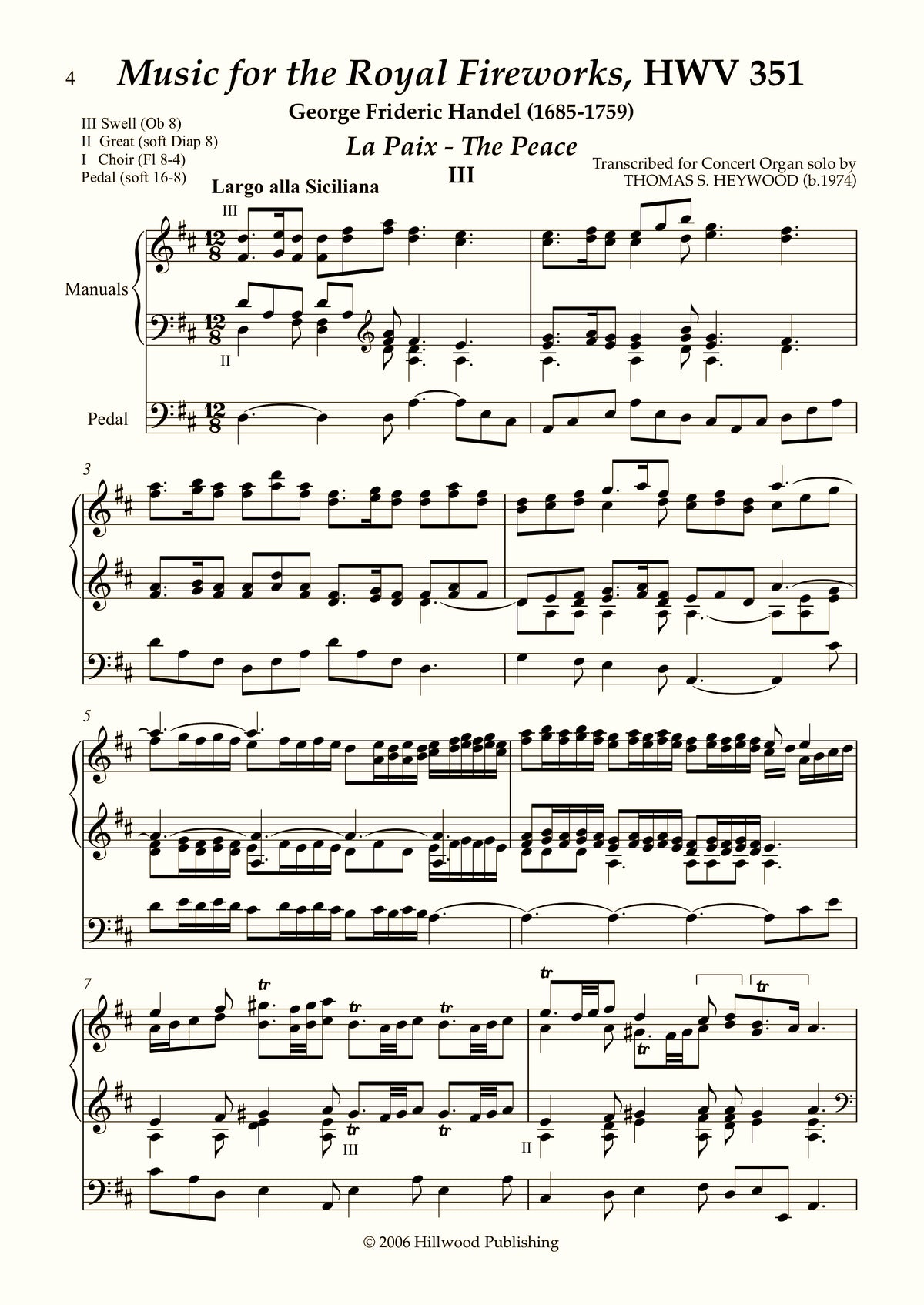 Handel/Heywood - The Peace from Music for the Royal Fireworks, HWV 351 (Score) | Thomas Heywood | Concert Organ International
