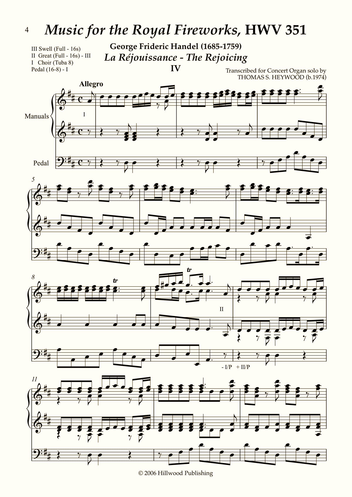 Handel/Heywood - The Rejoicing from Music for the Royal Fireworks, HWV 351 (Score) | Thomas Heywood | Concert Organ International