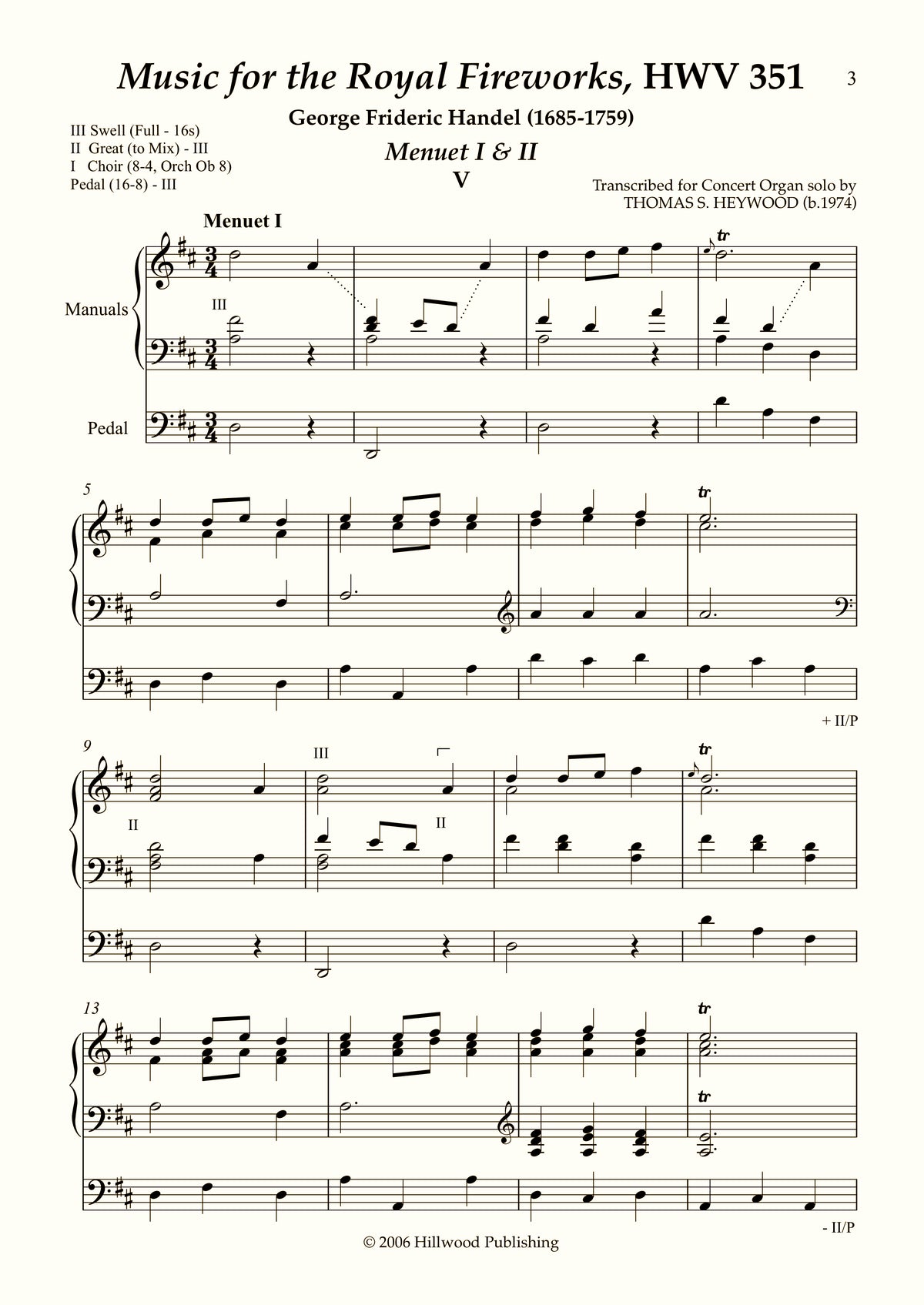 Handel/Heywood - Menuet I & II from Music for the Royal Fireworks, HWV 351 (Score) | Thomas Heywood | Concert Organ International