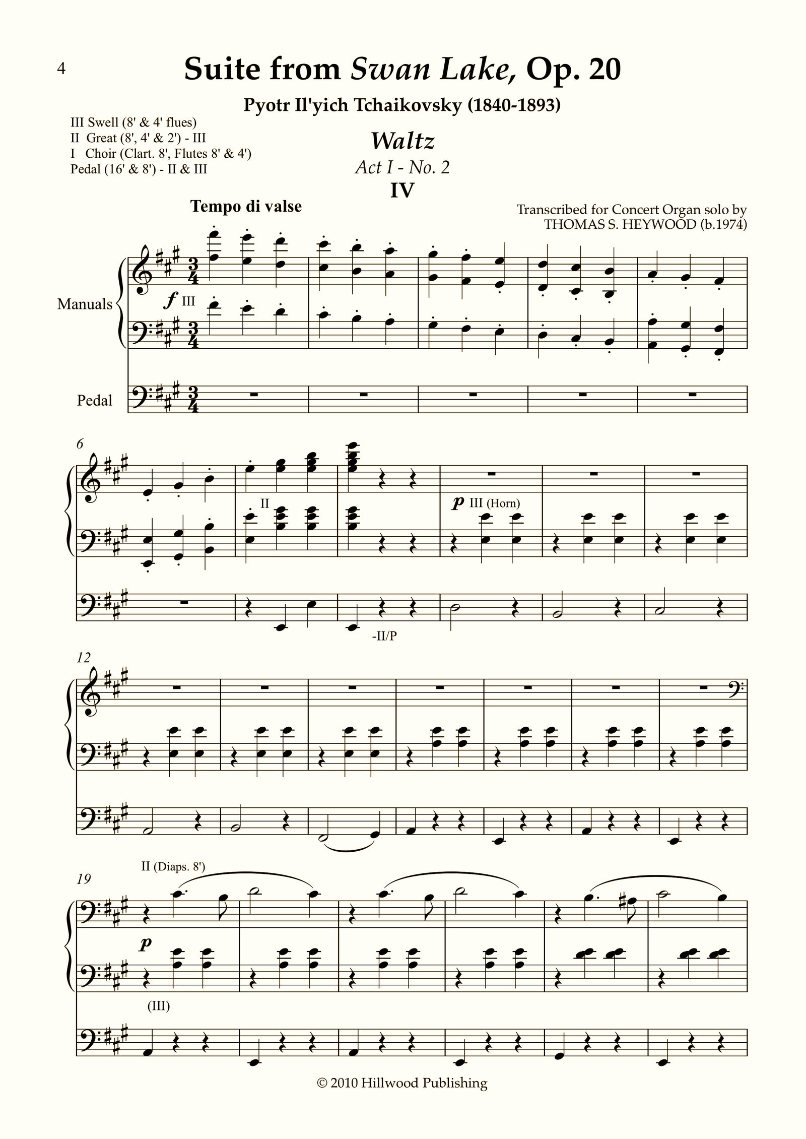 Tchaikovsky/Heywood - Waltz from Suite from Swan Lake, Op. 20 (Score) | Thomas Heywood | Concert Organ International