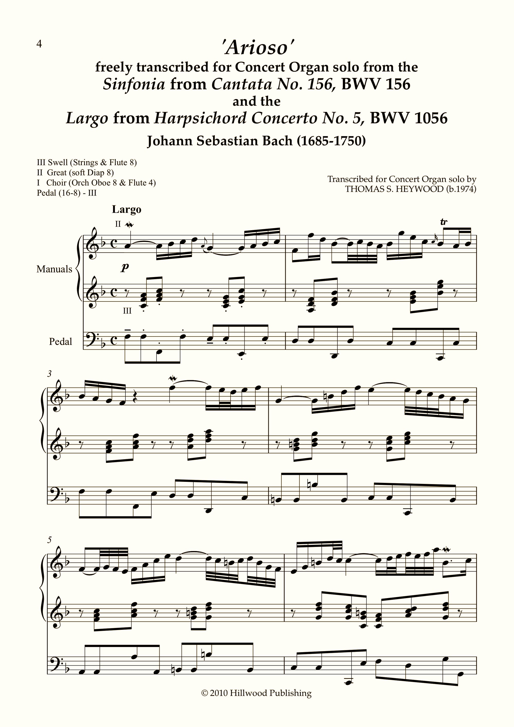 Bach/Heywood - 'Arioso': Sinfonia from Cantata No. 156, BWV 156 (Score) | Thomas Heywood | Concert Organ International