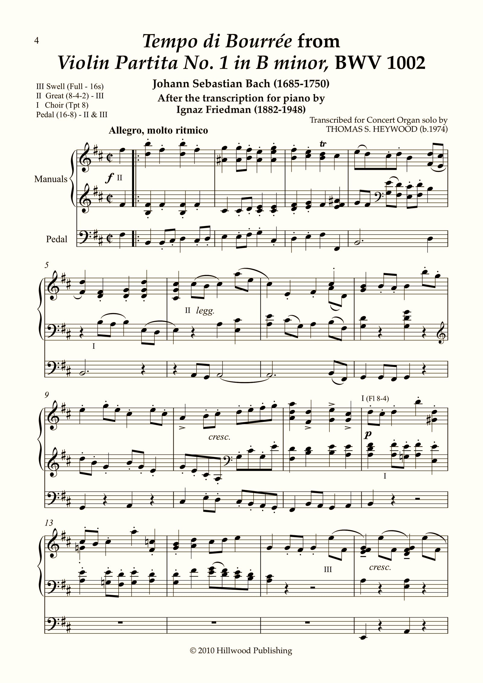 Bach/Heywood - Bourr�e from Violin Partita No. 1 in B minor, BWV 1002 (Score) | Thomas Heywood | Concert Organ International