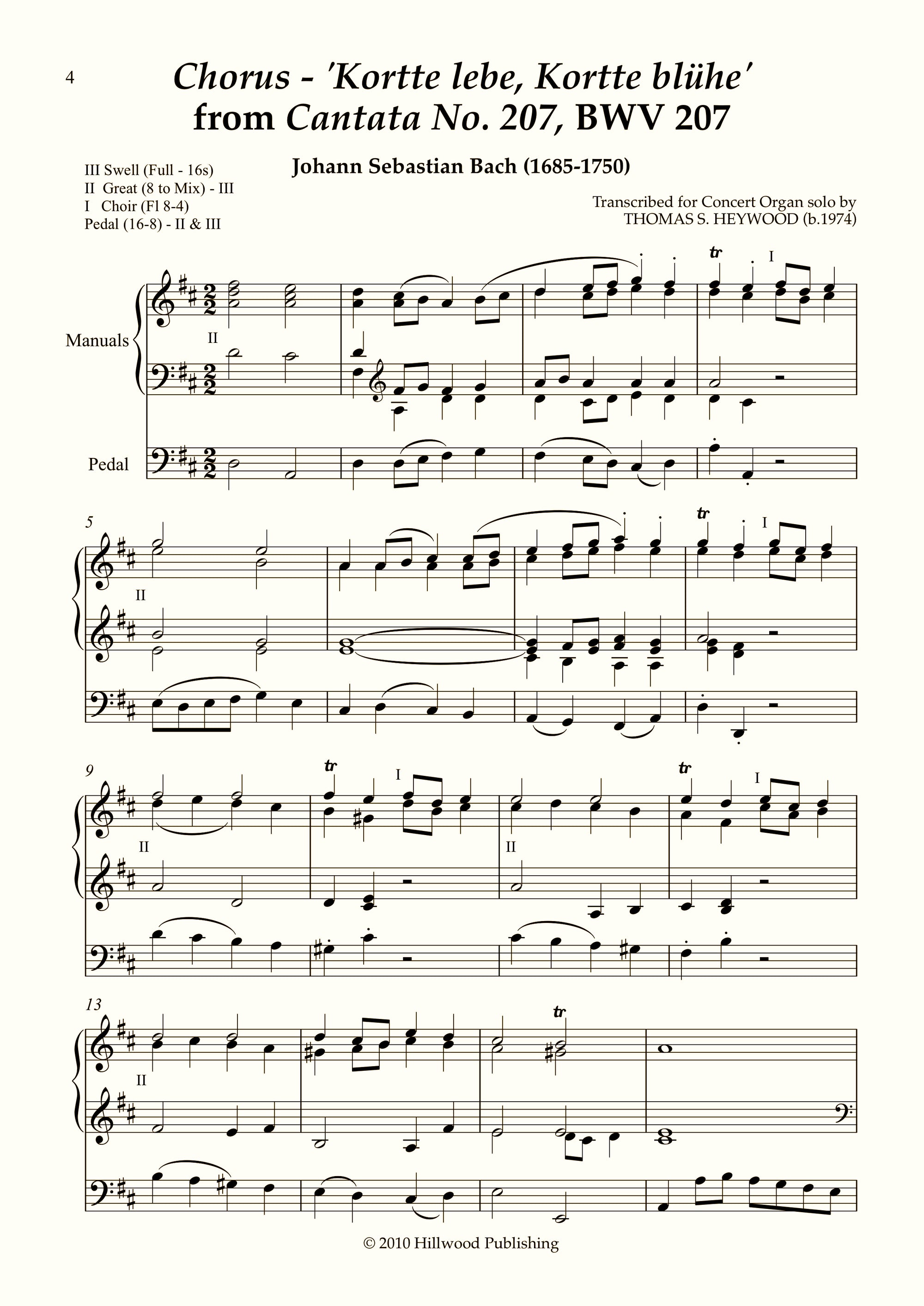 Bach/Heywood - Chorus: 'Kortte lebe, Kortte bl�he' from Cantata No. 207, BWV 207 (Score) | Thomas Heywood | Concert Organ International