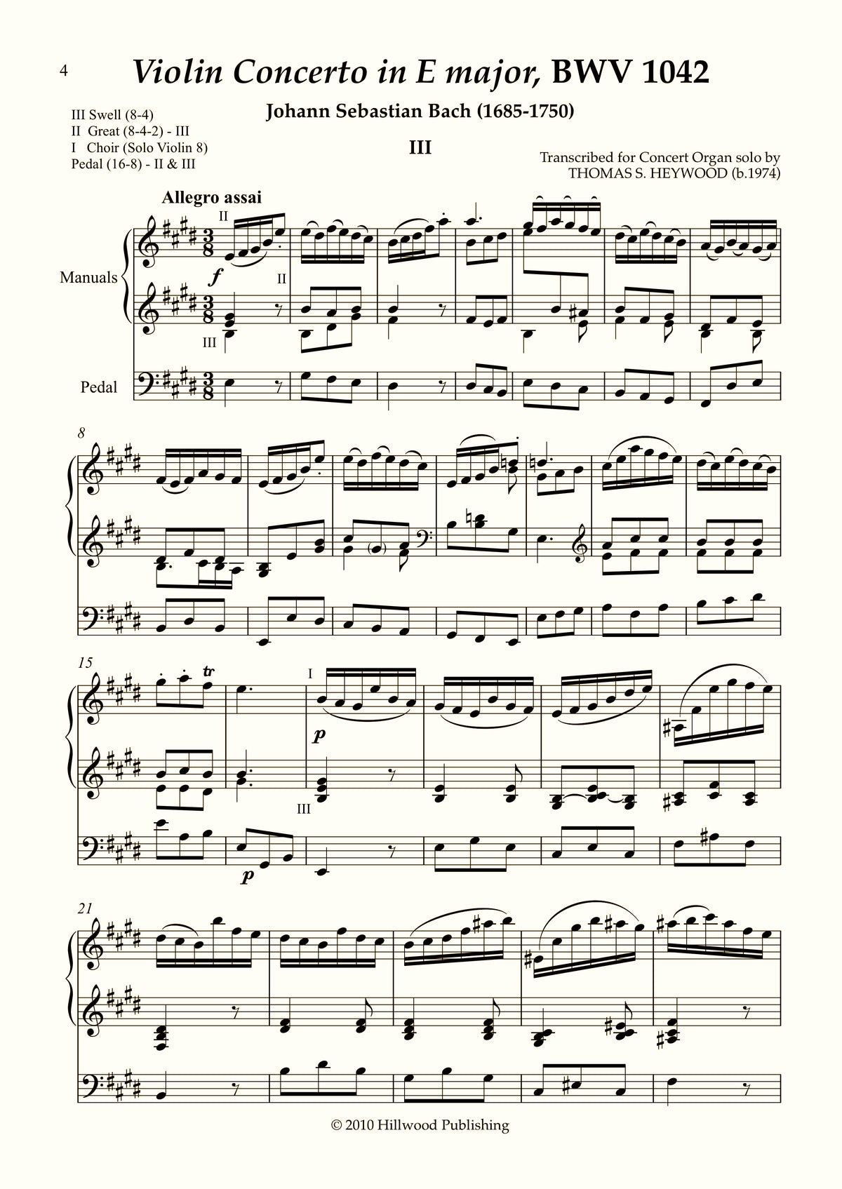 Bach/Heywood - Violin Concerto in E major, BWV 1042: III. Allegro assai (Score) | Thomas Heywood | Concert Organ International
