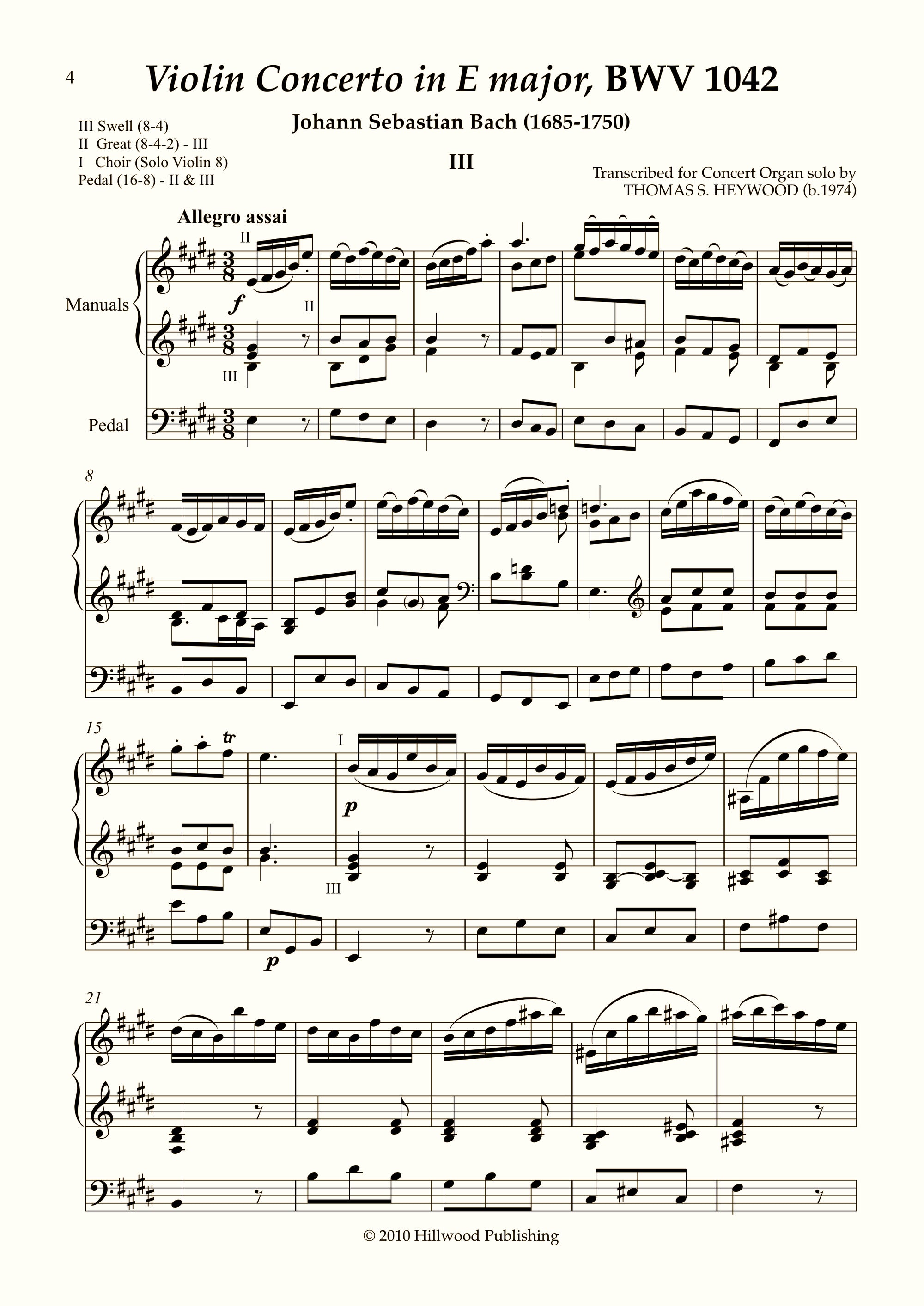 Bach/Heywood - Violin Concerto in E major, BWV 1042: III. Allegro assai (Score) | Thomas Heywood | Concert Organ International