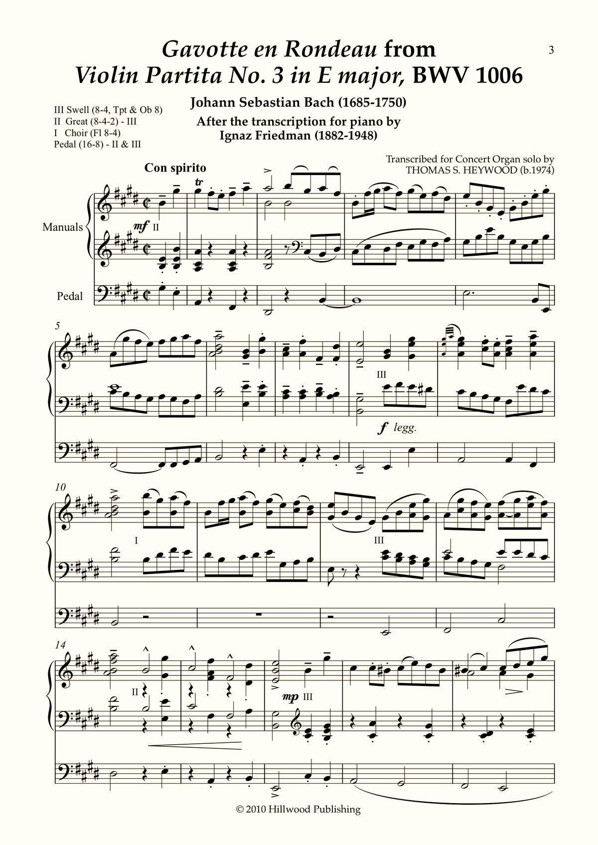 Bach/Heywood - Gavotte en Rondeau from Violin Partita No. 3 in E major, BWV 1006 (Score) | Thomas Heywood | Concert Organ International