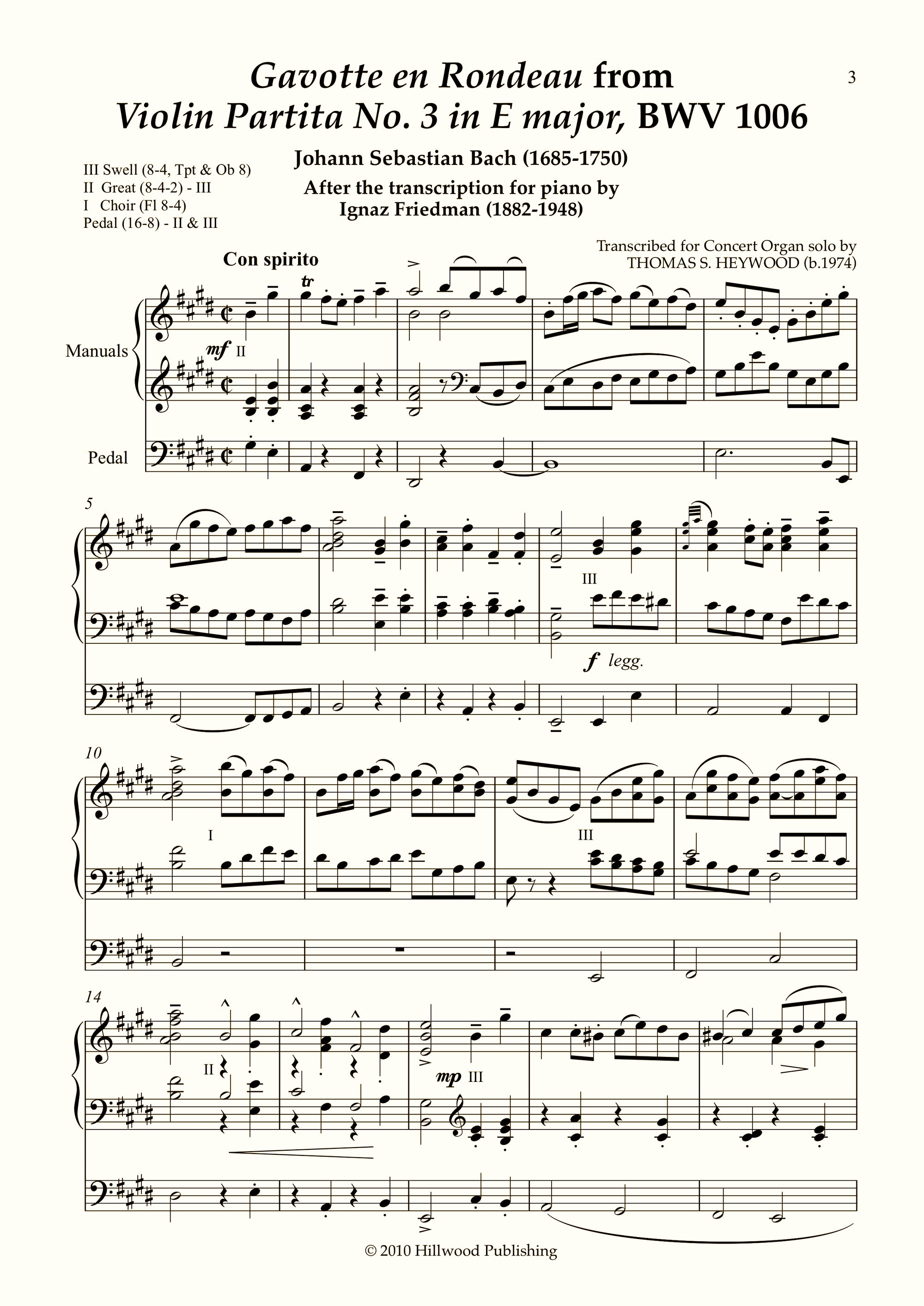 Bach/Heywood - Gavotte en Rondeau from Violin Partita No. 3 in E major, BWV 1006 (Score) | Thomas Heywood | Concert Organ International
