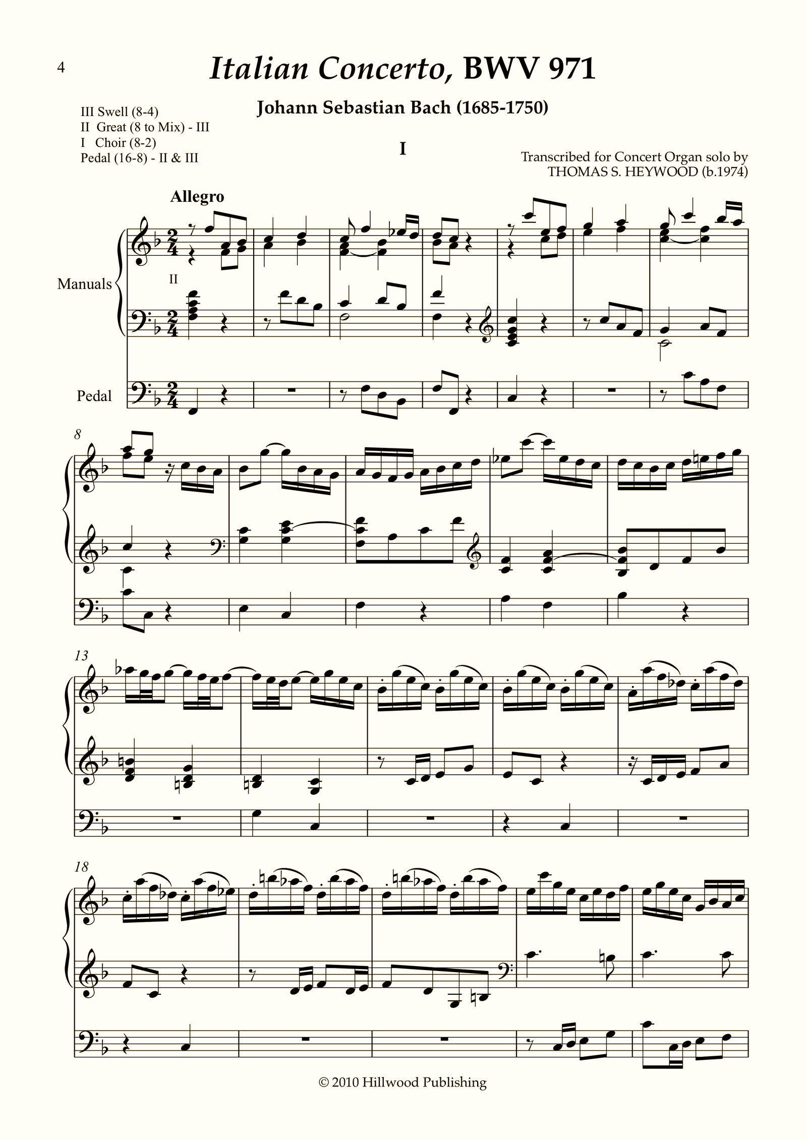 Bach/Heywood - Italian Concerto, BWV 971: I. Allegro (Score) | Thomas Heywood | Concert Organ International