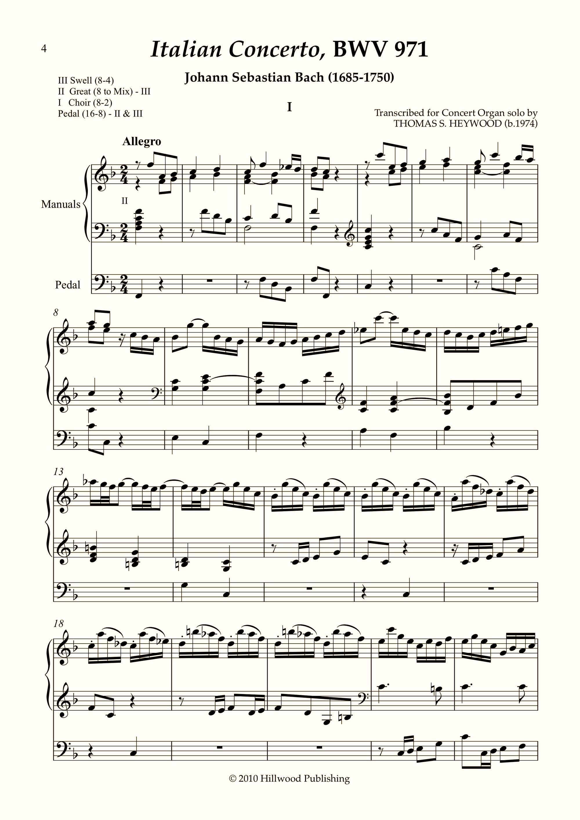 bach organ pedal solo Bach/Heywood - Italian Concerto, BWV 971: I. Allegro (Score)
