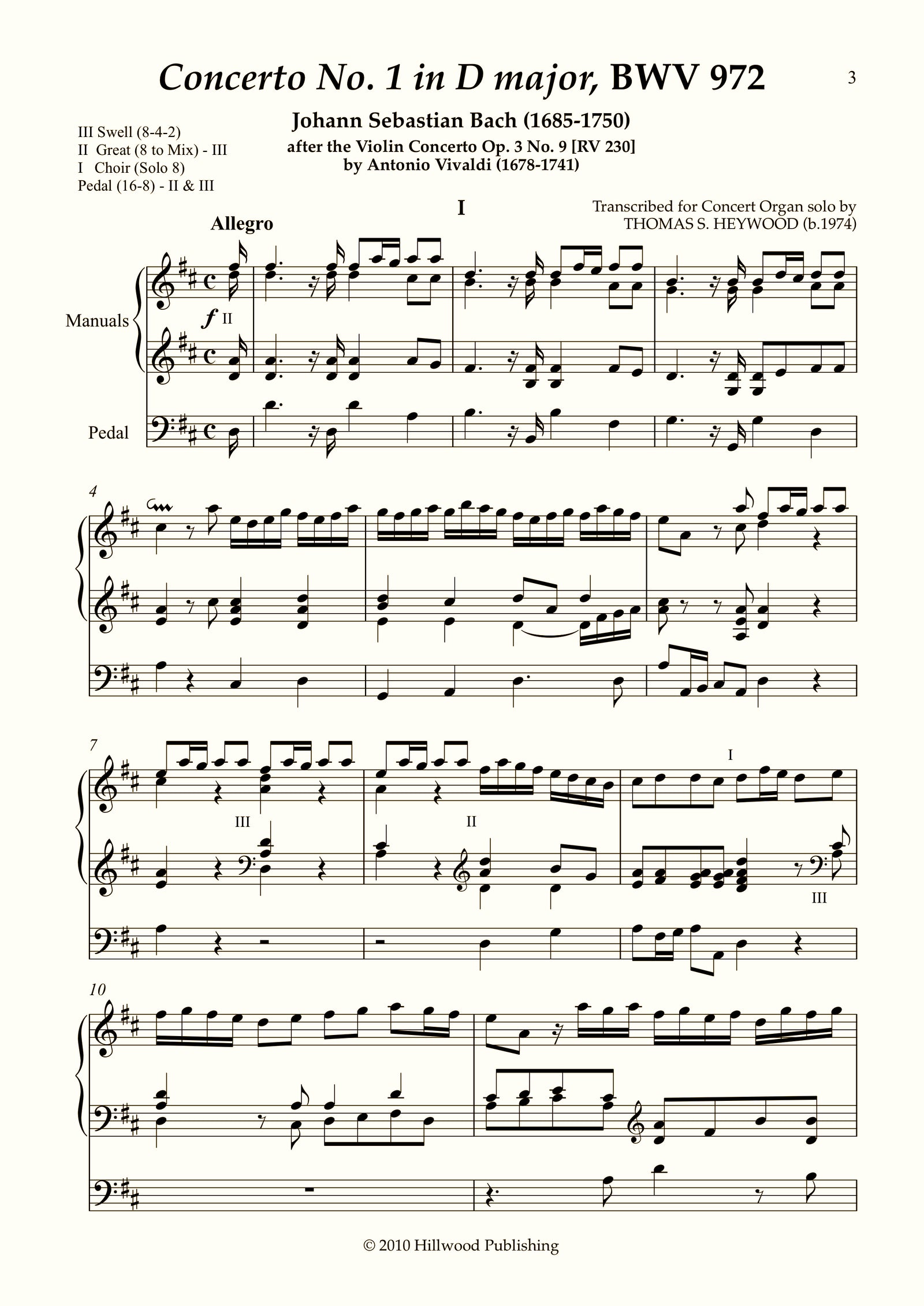 Bach/Heywood - Concerto No. 1 in D major, BWV 972 (Score) | Thomas Heywood | Concert Organ International