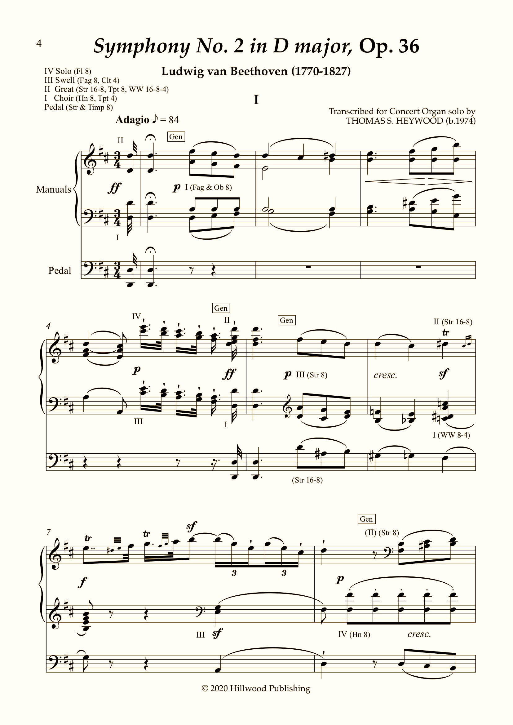 Op.　International　36　(Score)　No.　Beethoven/Heywood　Symphony　D　Concert　in　major,　Organ