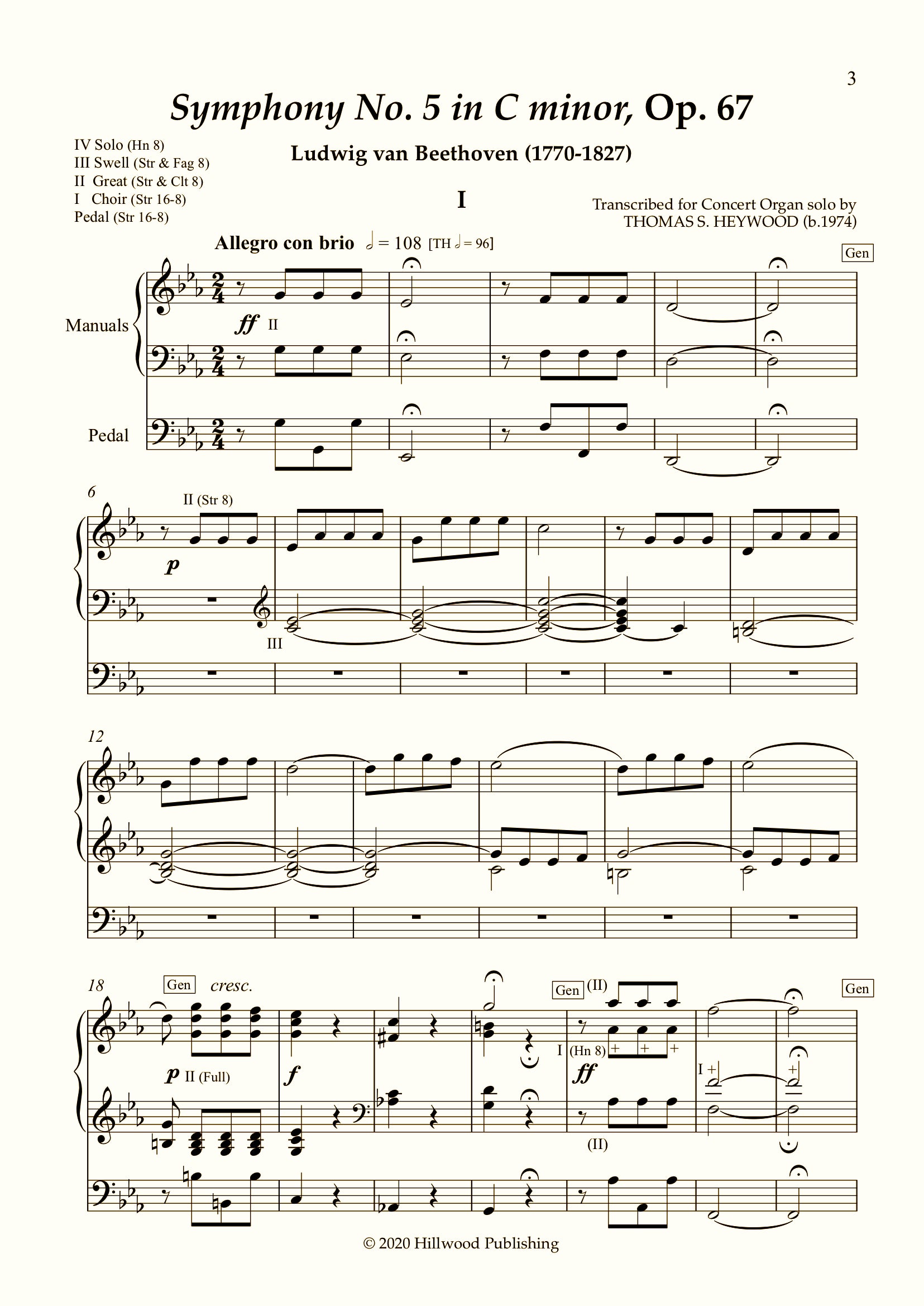 Beethoven/Heywood - Symphony No. 5 in C minor, Op. 67 (Score) | Thomas Heywood | Concert Organ International