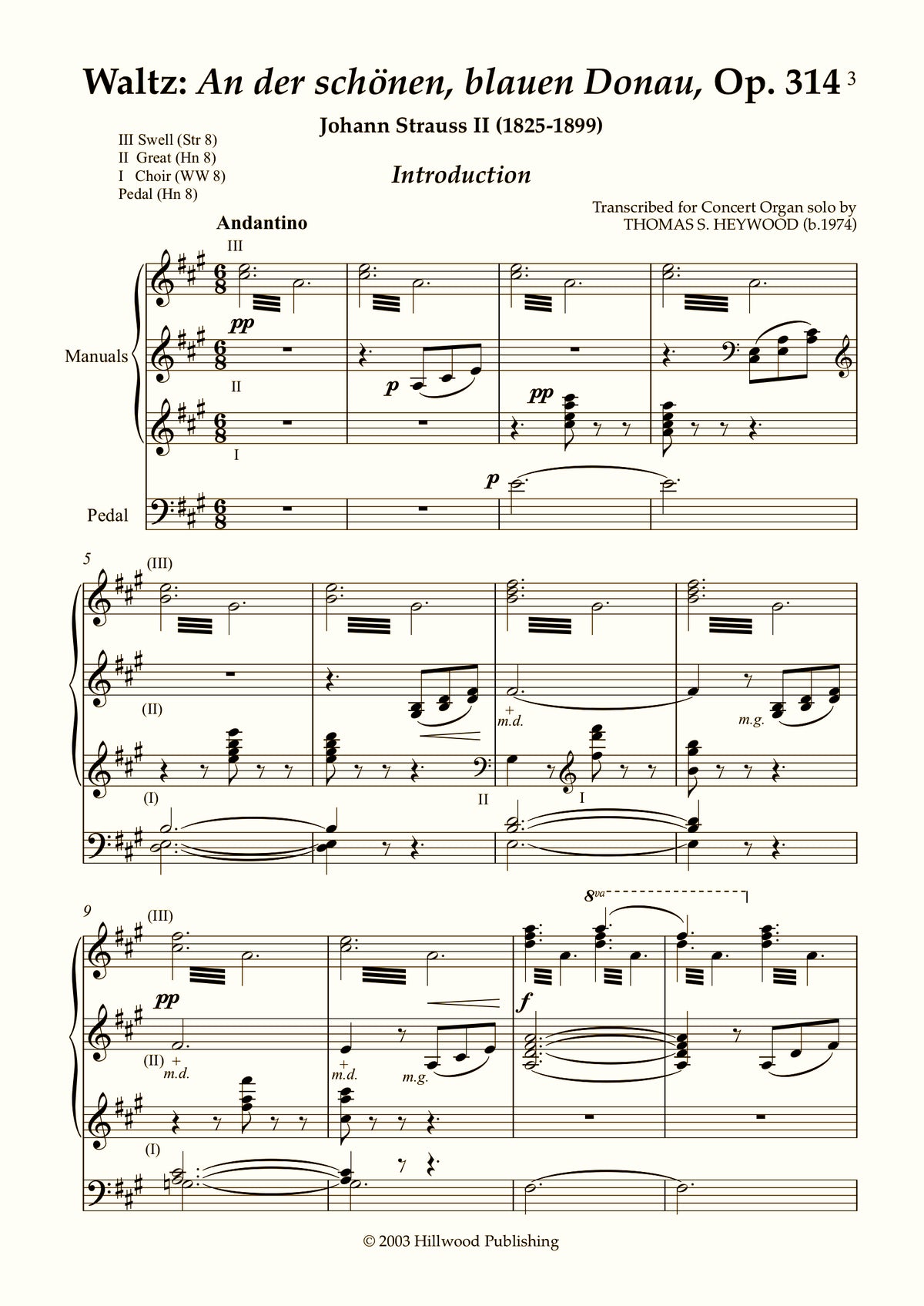 Strauss Jnr/Heywood - Waltz: On the beautiful blue Danube, Op. 314 (Score) | Thomas Heywood | Concert Organ International