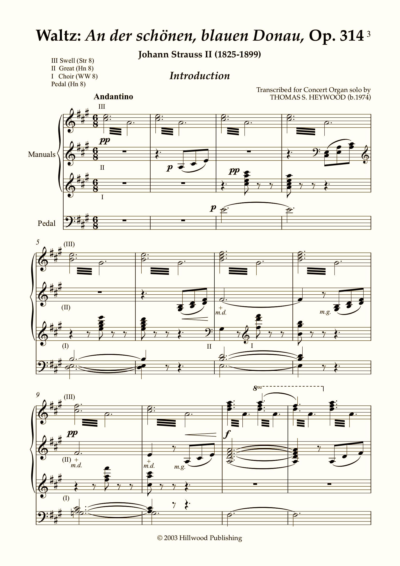 Strauss Jnr/Heywood - Waltz: On the beautiful blue Danube, Op. 314 (Score) | Thomas Heywood | Concert Organ International