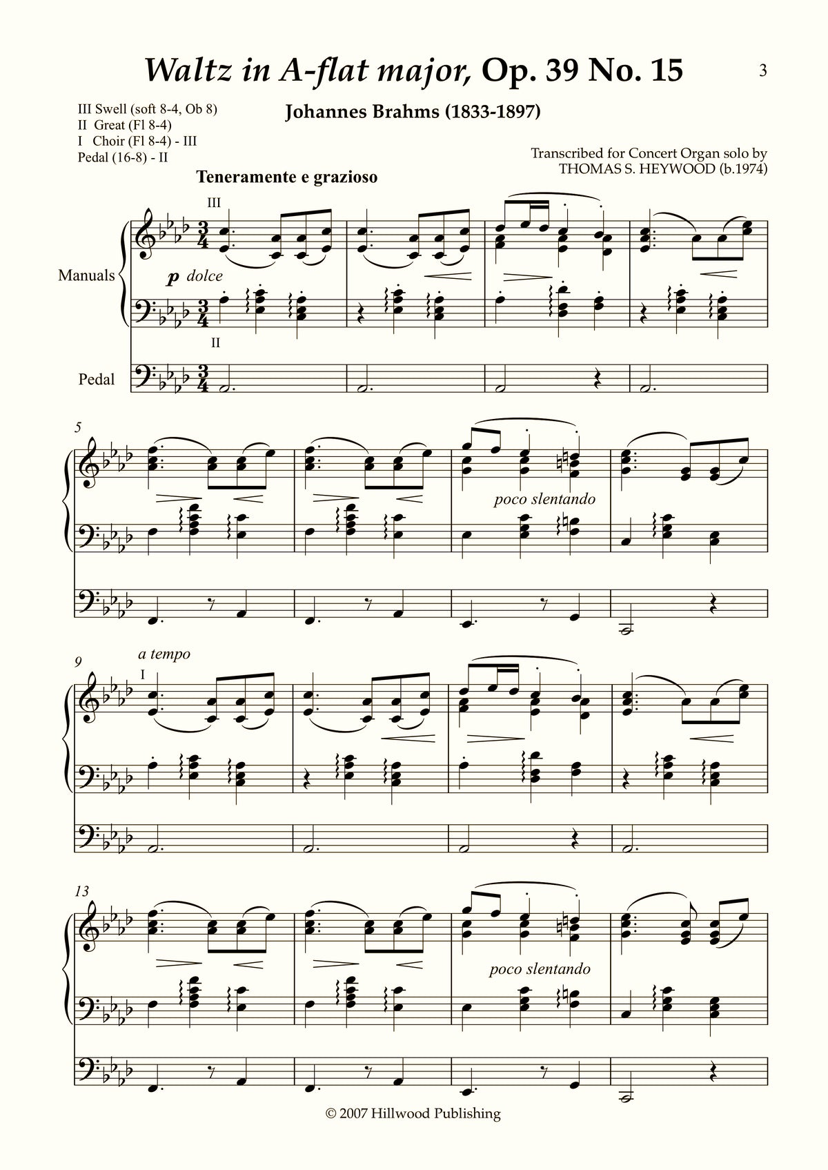 Brahms/Heywood - Waltz in A-flat major from Sixteen Waltzes, Op. 39 No. 15 (Score)