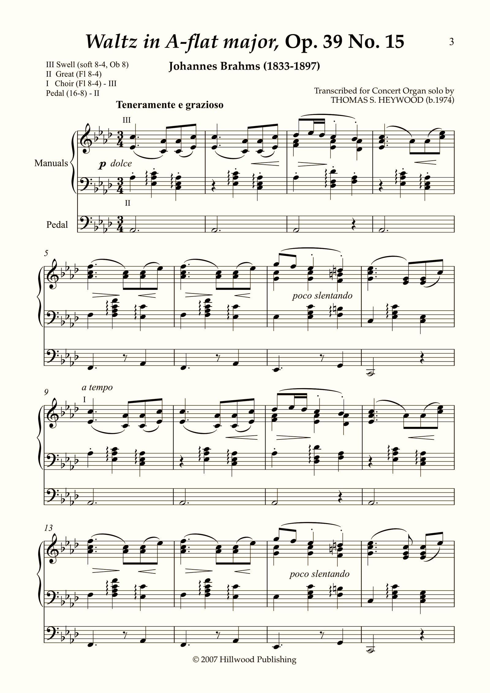 Brahms/Heywood - Waltz in A-flat major from Sixteen Waltzes, Op. 39 No. 15 (Score)