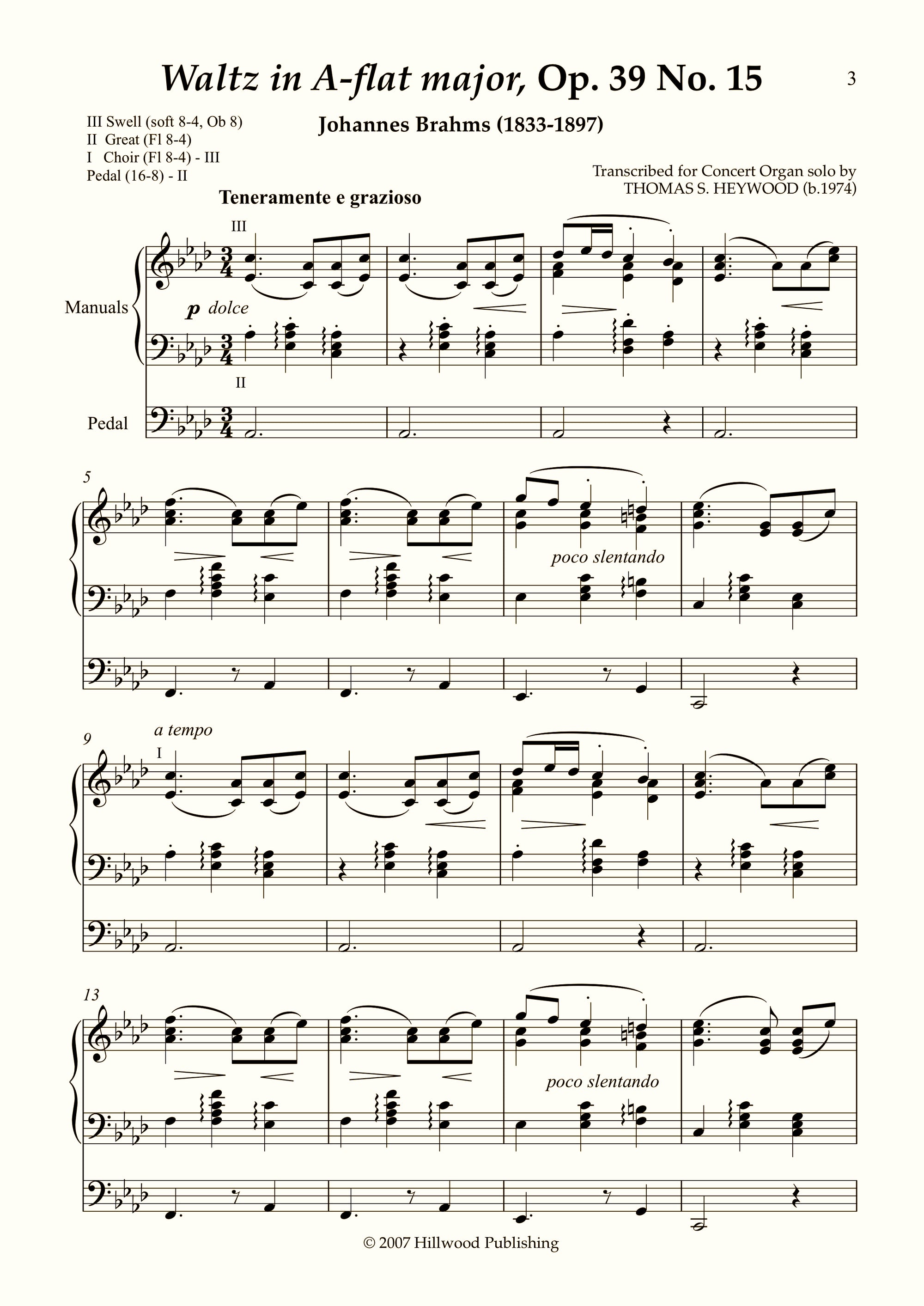 Brahms/Heywood - Waltz in A-flat major from Sixteen Waltzes, Op. 39 No. 15 (Score)