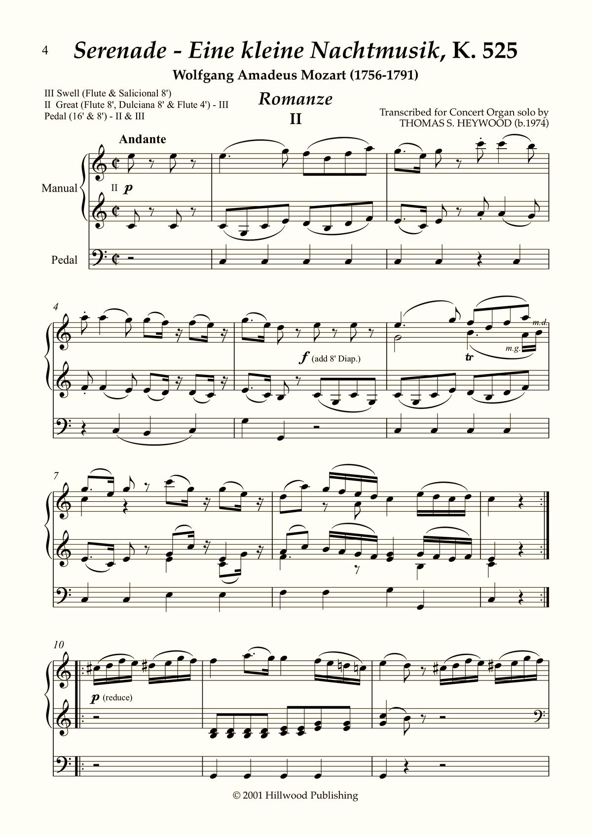 Mozart/Heywood - Romanze from Eine kleine Nachtmusik, K. 525 (Score) | Thomas Heywood | Concert Organ International