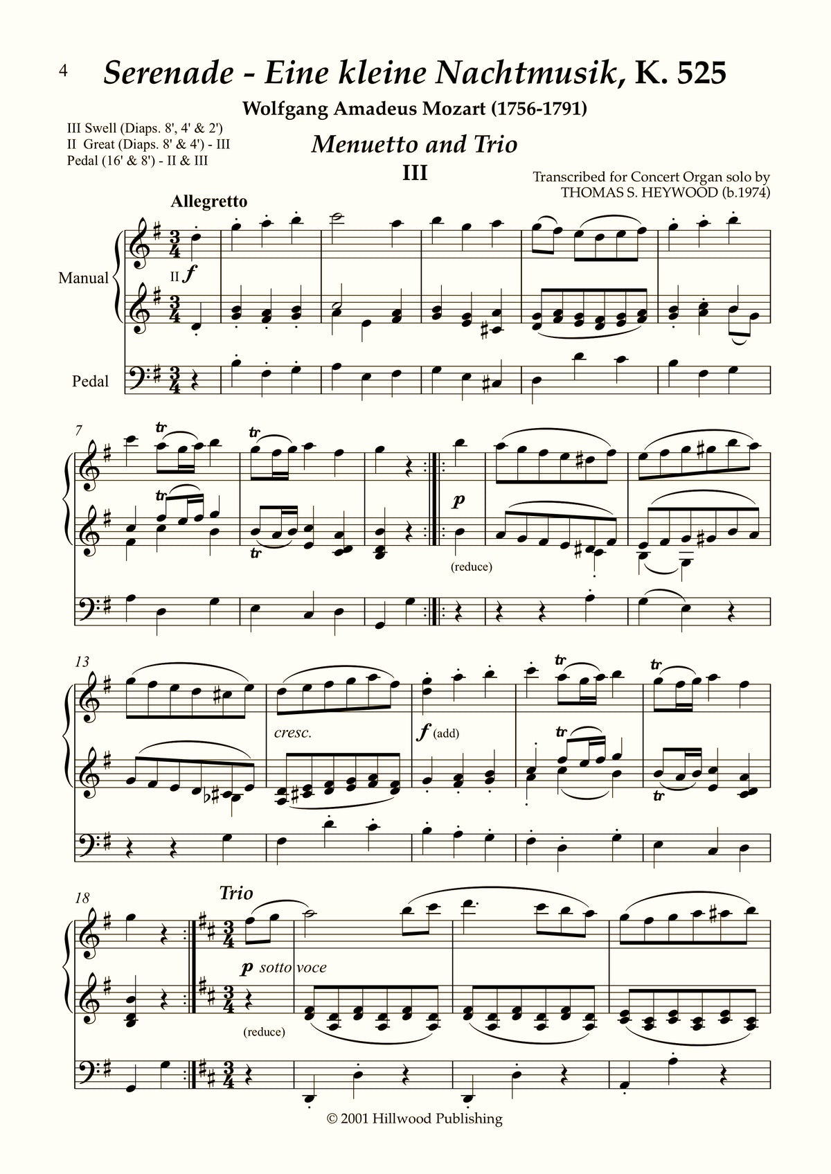 Mozart/Heywood - Menuetto from Eine kleine Nachtmusik, K. 525 (Score) | Thomas Heywood | Concert Organ International