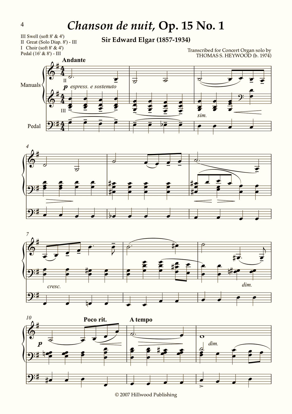 Elgar/Heywood - Chanson de nuit, Op. 15 No. 1 (Score) - Concert Organ International