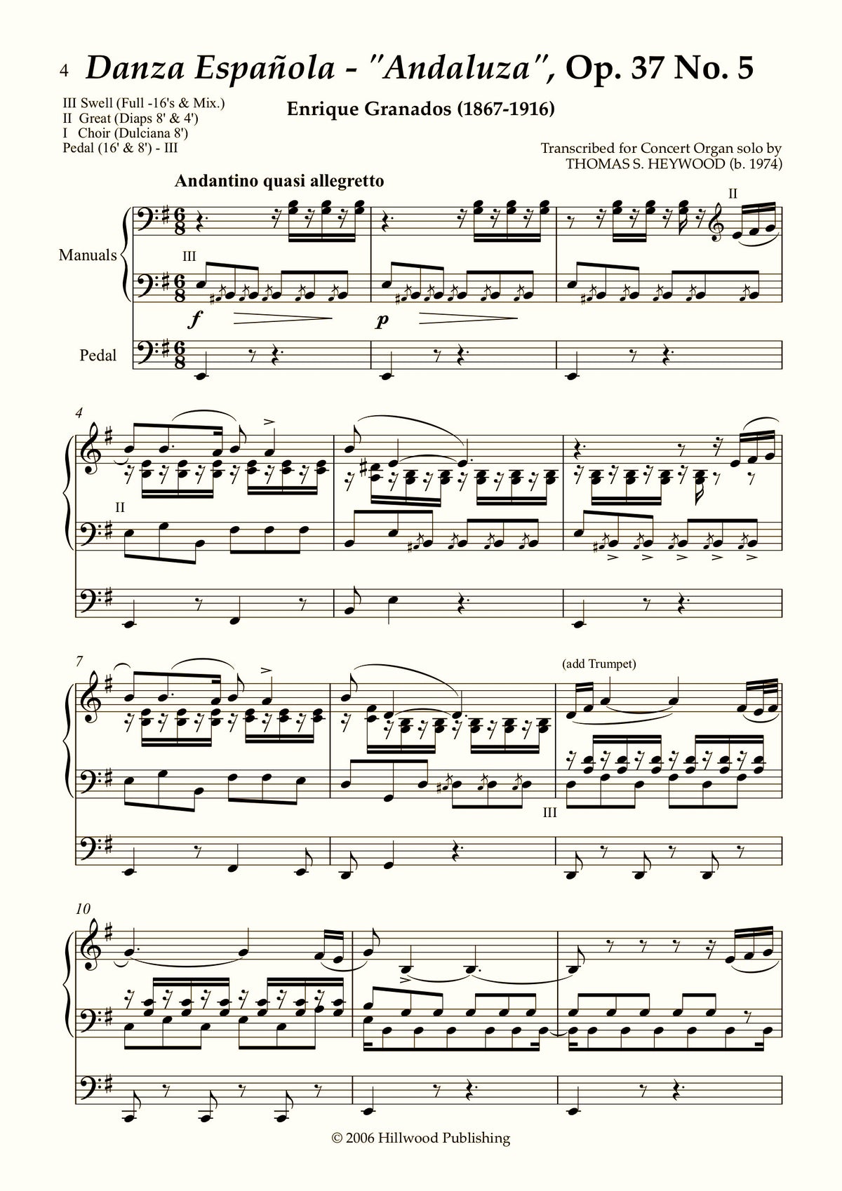 Granados/Heywood - Danza Espa�ola: 'Andaluza', Op. 37 No. 5 (Score) - Concert Organ International