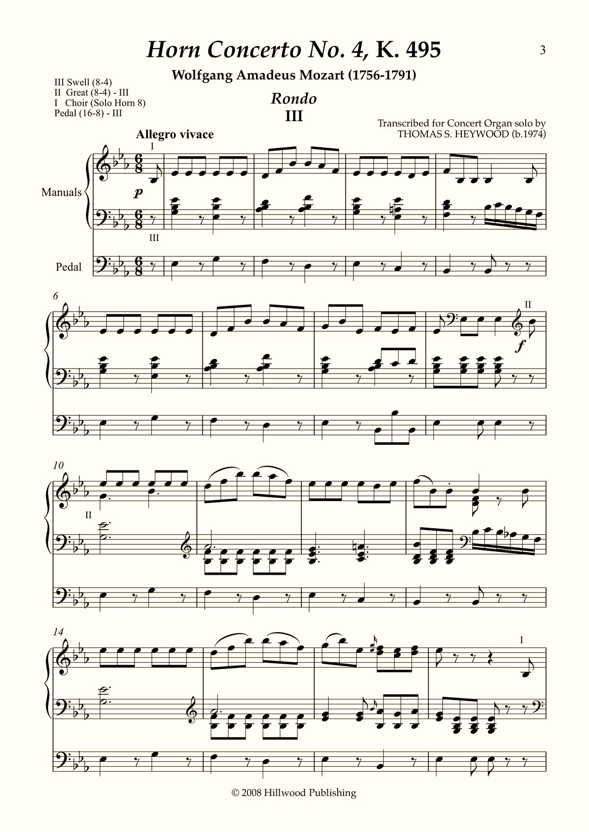 Mozart/Heywood - Rondo from Horn Concerto No. 4, K. 495 (Score) | Thomas Heywood | Concert Organ International