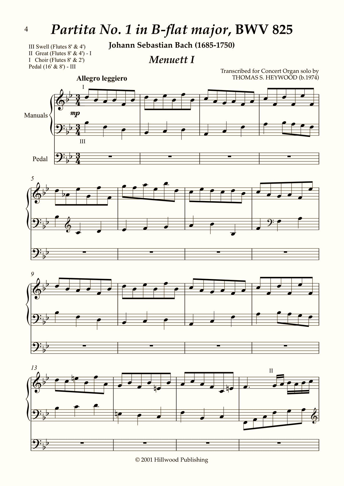 Bach/Heywood - Menuett I & II from Partita No. 1 in B-flat major, BWV 825 (Score) | Thomas Heywood | Concert Organ International