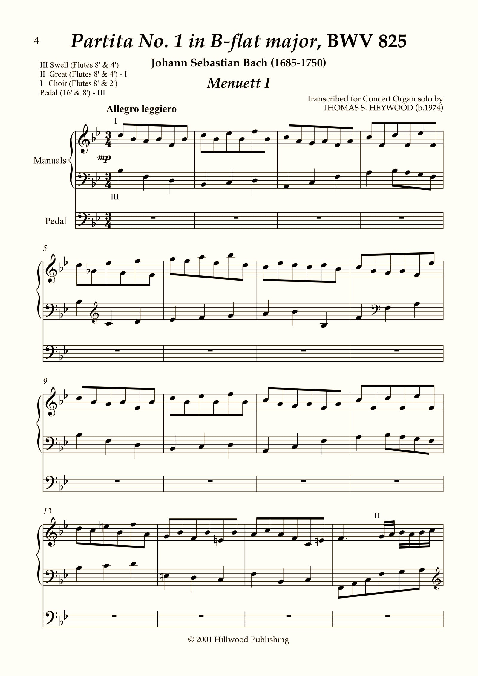 Bach/Heywood - Menuett I & II from Partita No. 1 in B-flat major, BWV 825 (Score) | Thomas Heywood | Concert Organ International