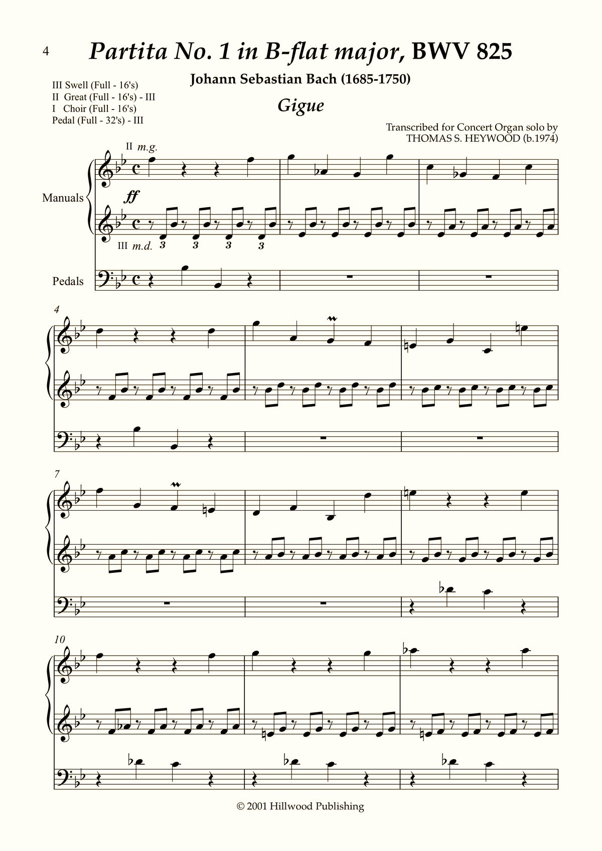 Bach/Heywood - Gigue from Partita No. 1 in B-flat major, BWV 825 (Score) | Thomas Heywood | Concert Organ International