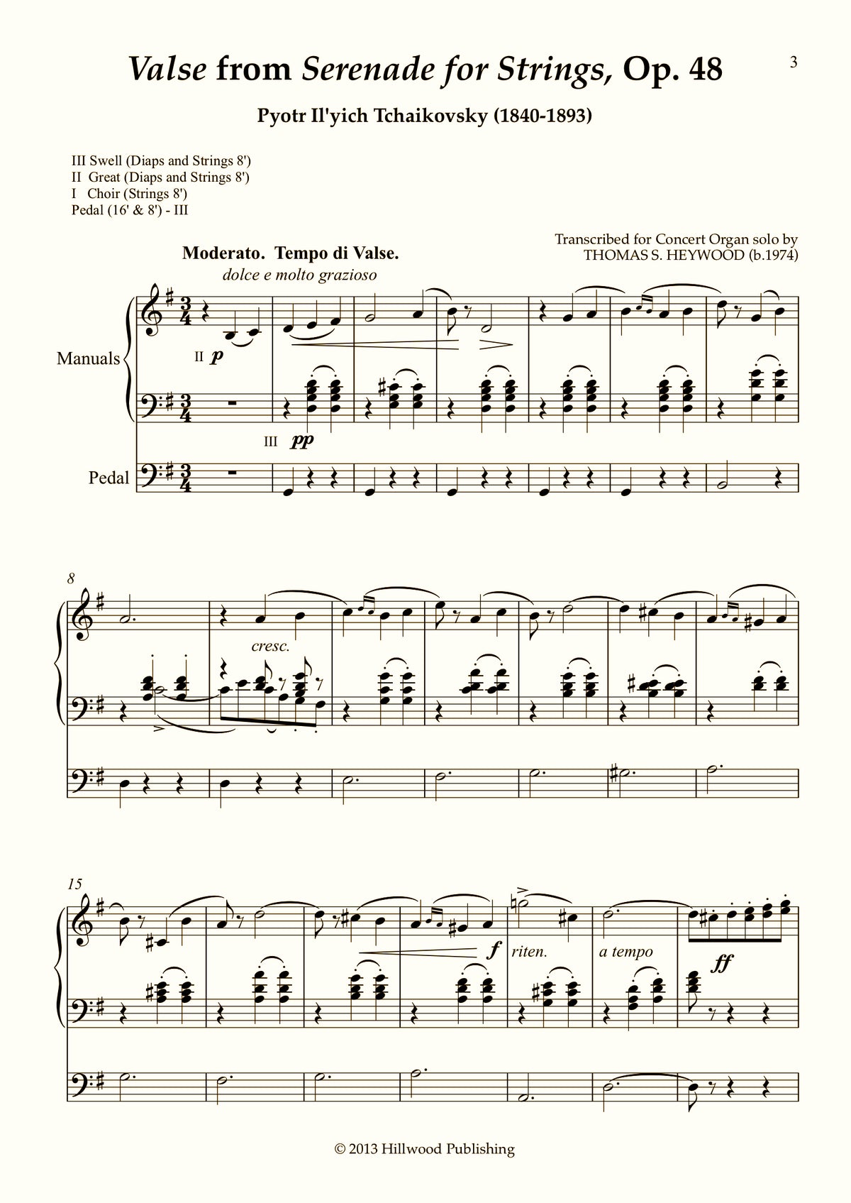 Tchaikovsky/Heywood - Valse�from�Serenade for Strings, Op. 48 (Score) | Thomas Heywood | Concert Organ International