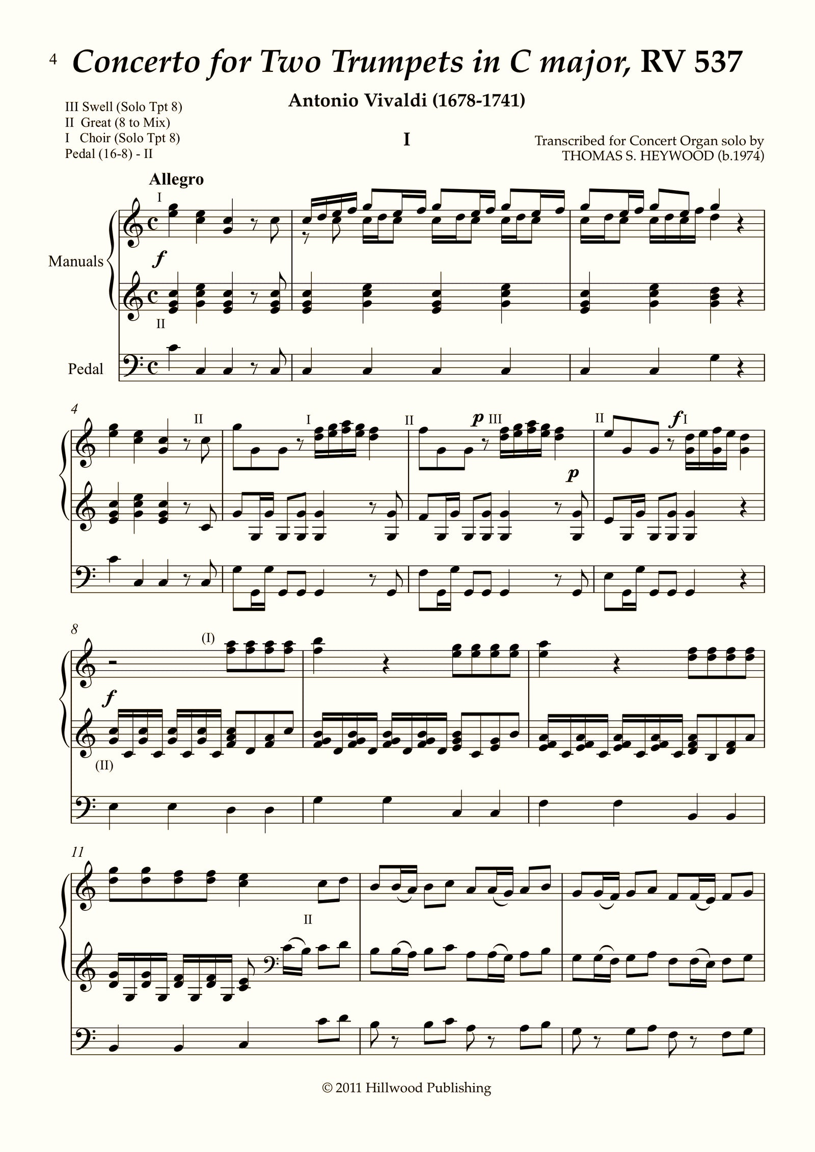Vivaldi/Heywood - Concerto for Two Trumpets in C major, RV 537: I. Allegro (Score) | Thomas Heywood | Concert Organ International
